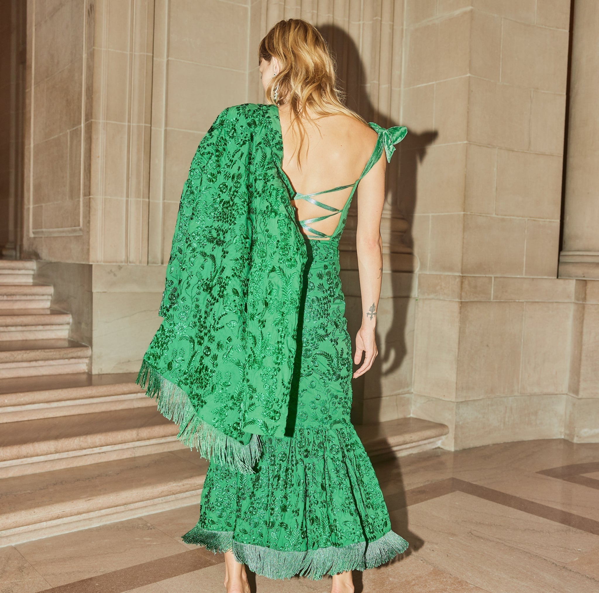 Herta Embroidered Fringe Midi Dress - Emerald Floral Embroidery