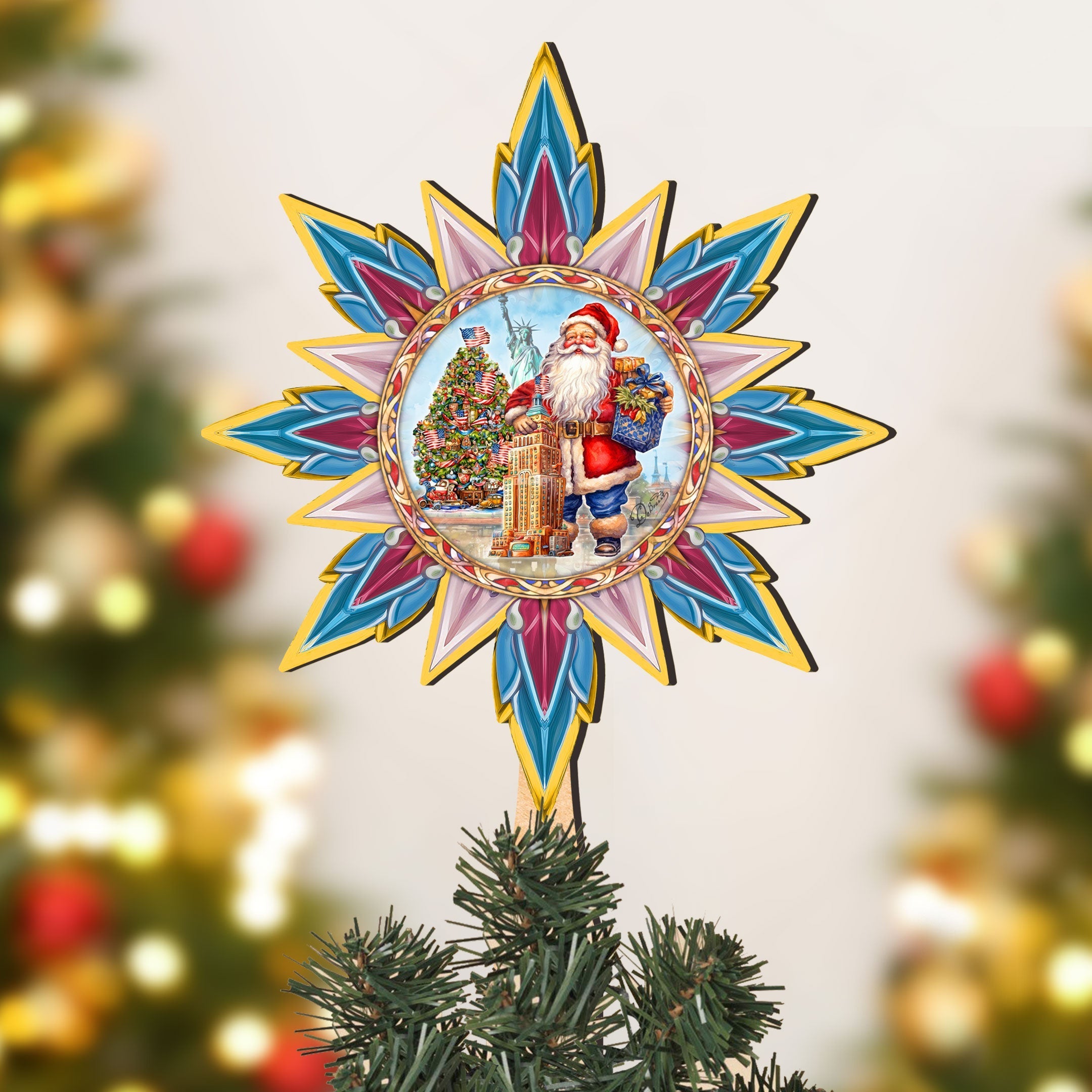 American-inspired Santa Tree Topper Wooden Decor by G. Debrekht - Santa Snowman Decor - 89523