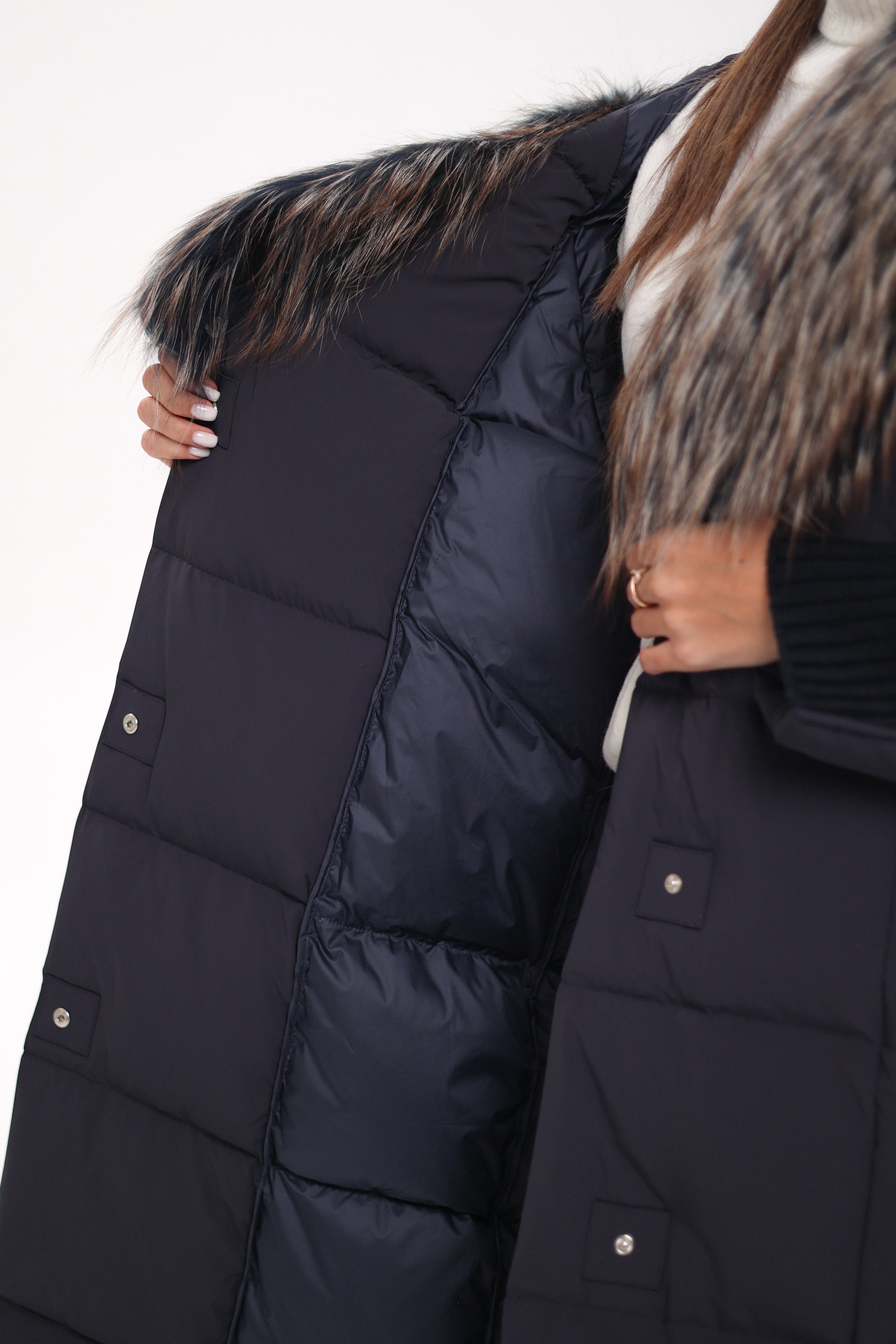 Rei Genuine Fur Trim Hooded Down Coat in Navy