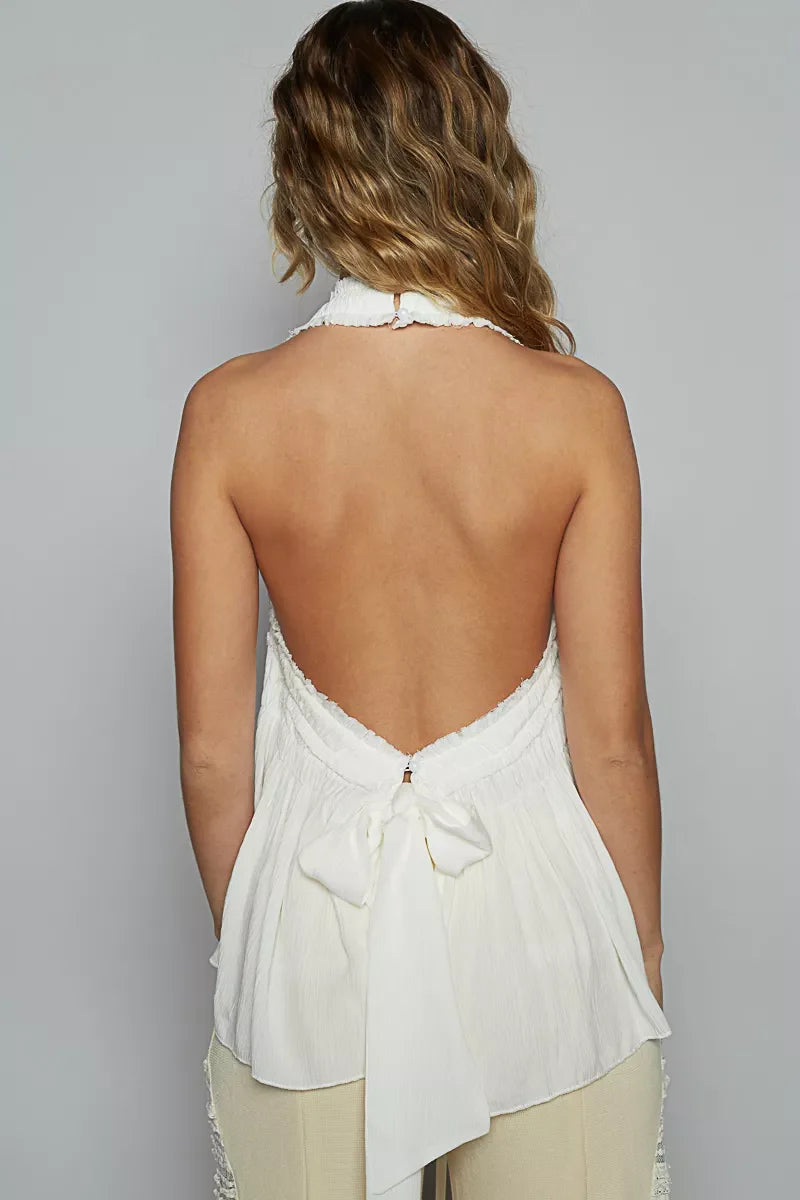 POL Backless Halter Sleeveless Top with Smocking Shirring Detail