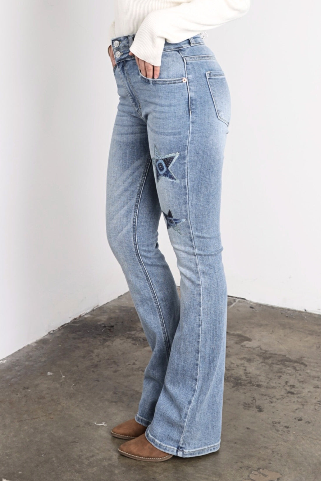 Star Patch DTF Print Double Waist Bootcut Jeans
