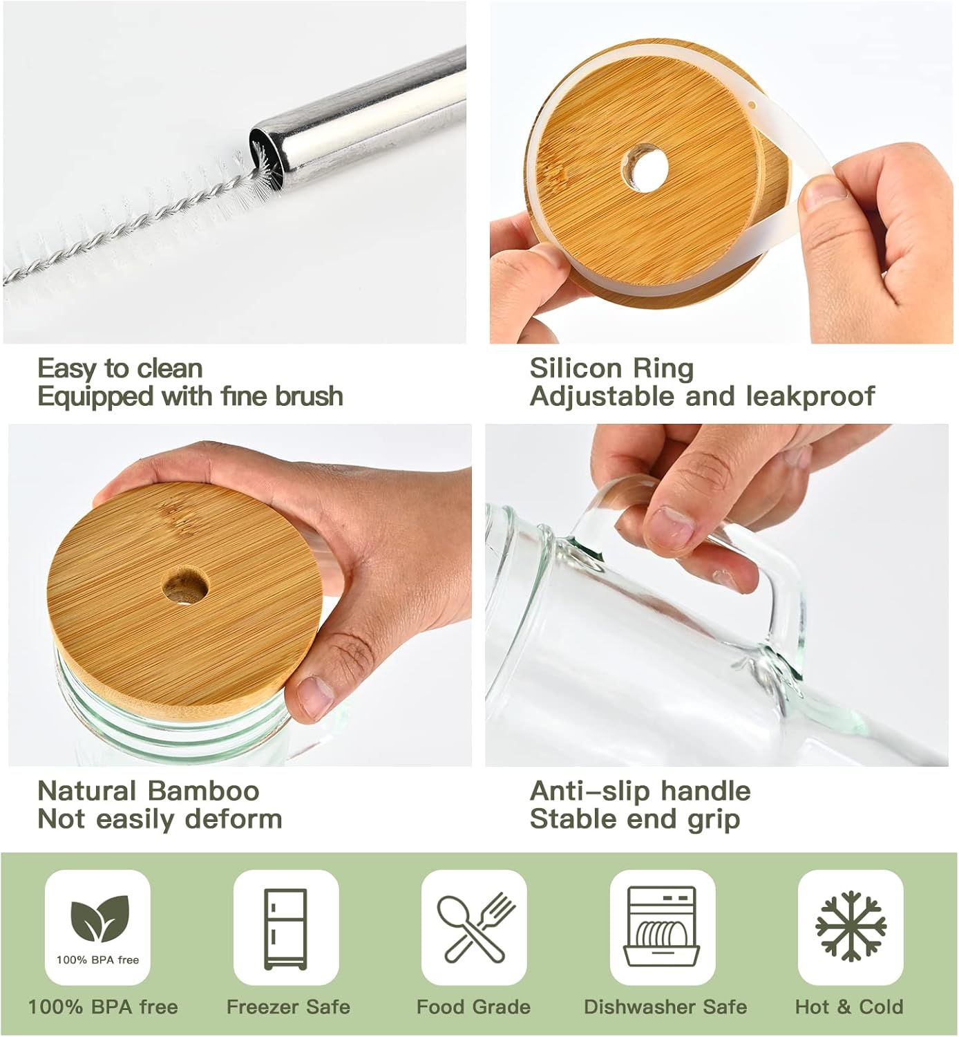 Set of 2 Glass Cups with Bamboo Lids and Straws 24oz Tumbler With Handle