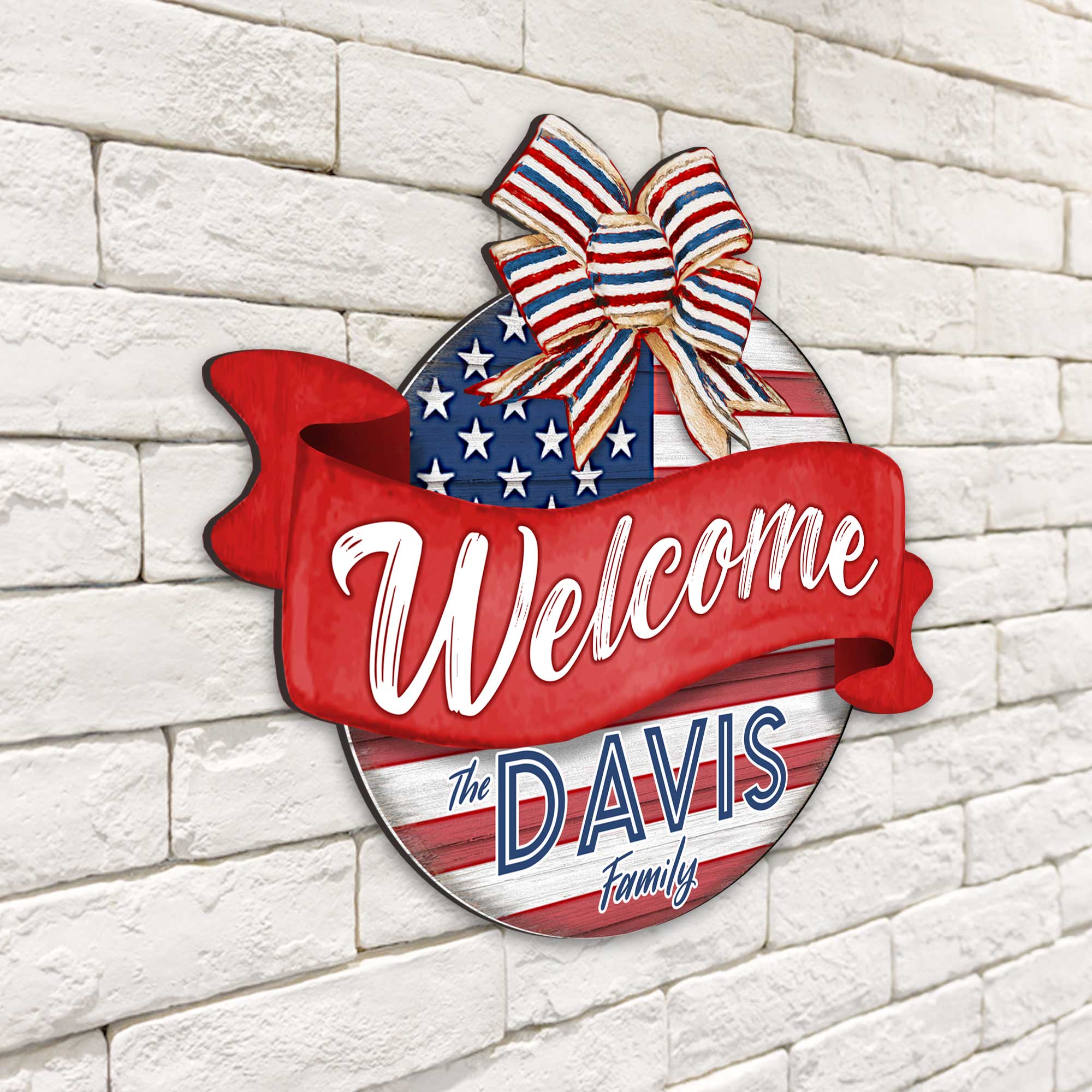 Front door welcome sign Custom name American flag porch wreath Main entrance Family Welcome sign - Wooden front porch decor - 933103HC