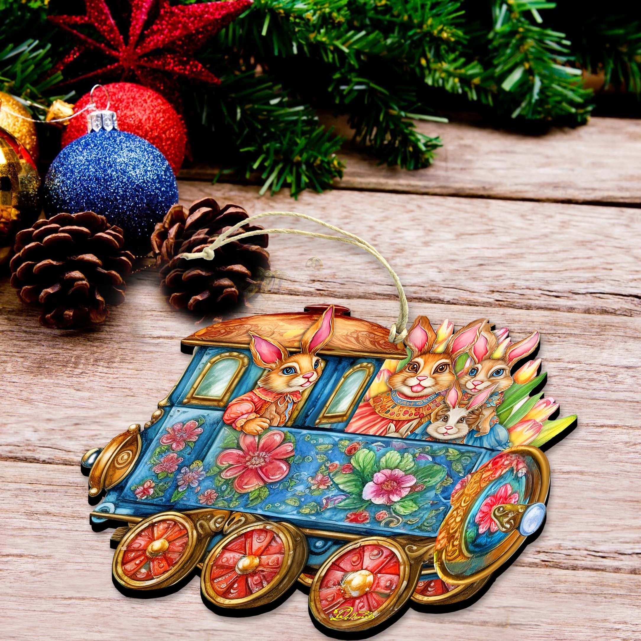 Easter Bunny Train Wooden Ornaments by G. DeBrekht Easter Spring Decor - 8652781