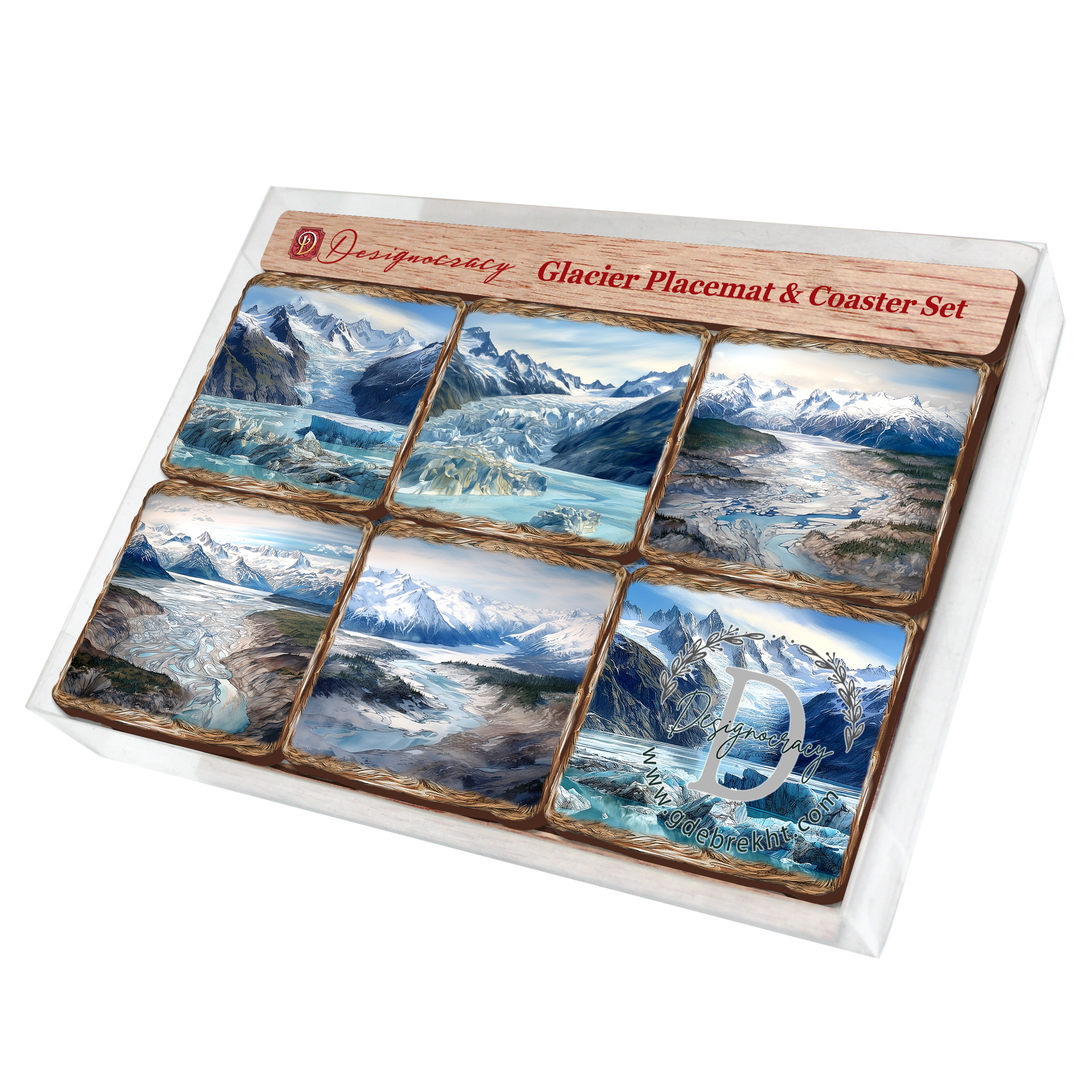 Glacier's Majesty Wooden Cork Placemat and Coasters Gift Set of 7 by Nature Wonders Nature Wildlife Decor - 85402C-S7