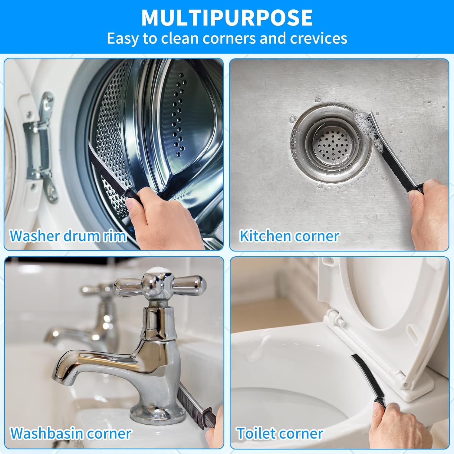 4TH Multi-Purpose Hard Bristle Crevice Cleaning Brush -Deep Reach Gap Cleaning Tool for Household Use -Versatile, Durable, Thin Brush to Clean Tight Spaces -4 Pcs, Black