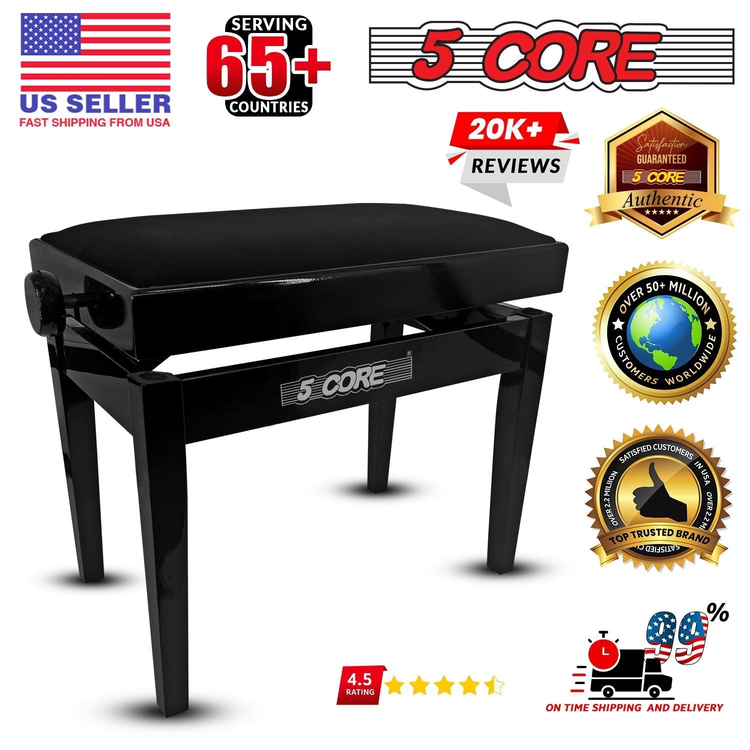 5 Core Adjustable Piano Bench Thick 3.25" Solid Wood Keyboard Stool Heavy Duty Musician Chair