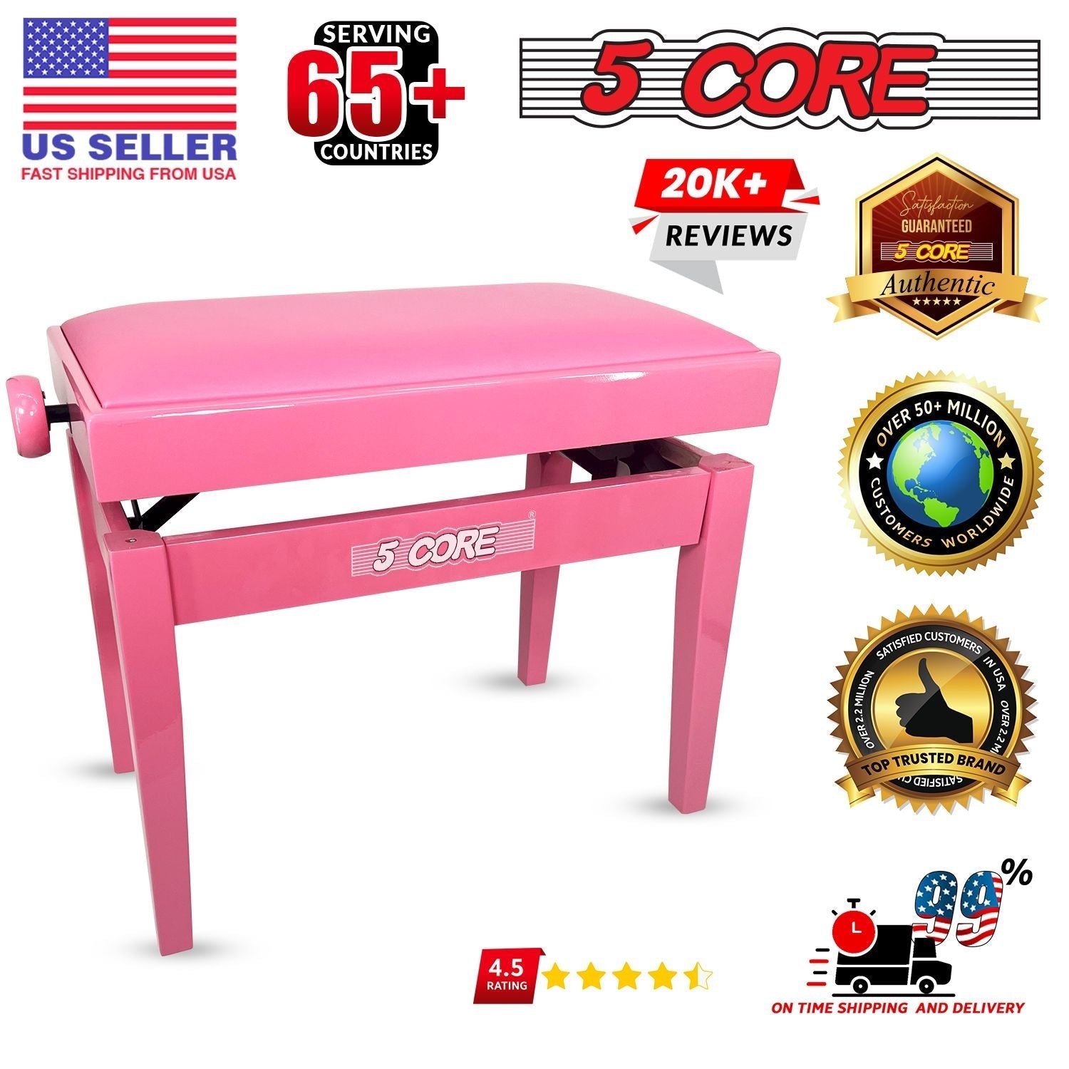 5 Core Adjustable Piano Bench Thick 3.25" Solid Wood Keyboard Stool Heavy Duty Musician Chair