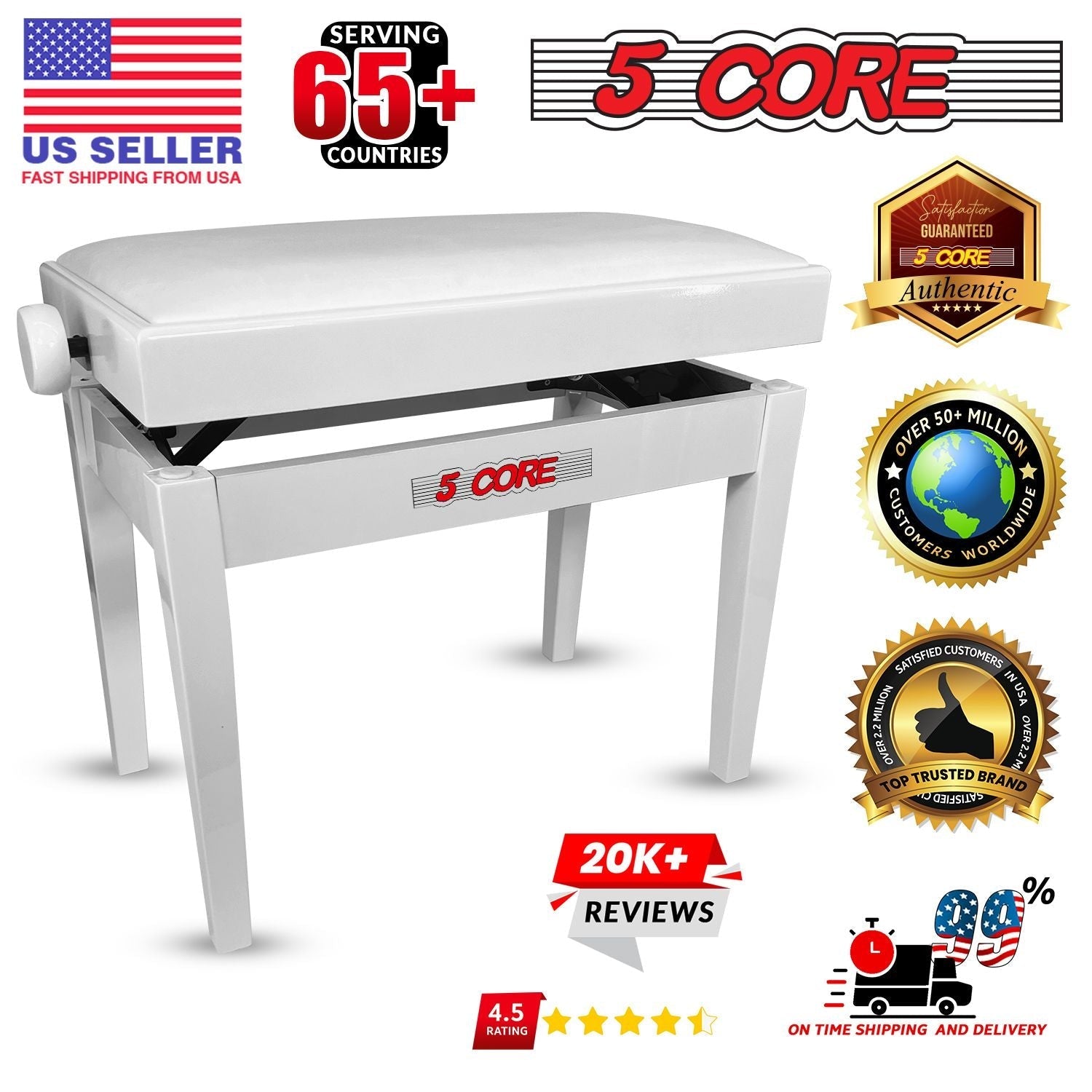 5 Core Adjustable Piano Bench Thick 3.25" Solid Wood Keyboard Stool Heavy Duty Musician Chair