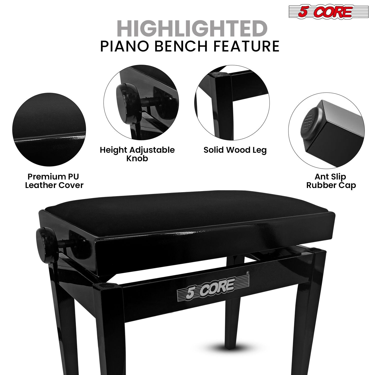 5 Core Adjustable Piano Bench Thick 3.25" Solid Wood Keyboard Stool Heavy Duty Musician Chair