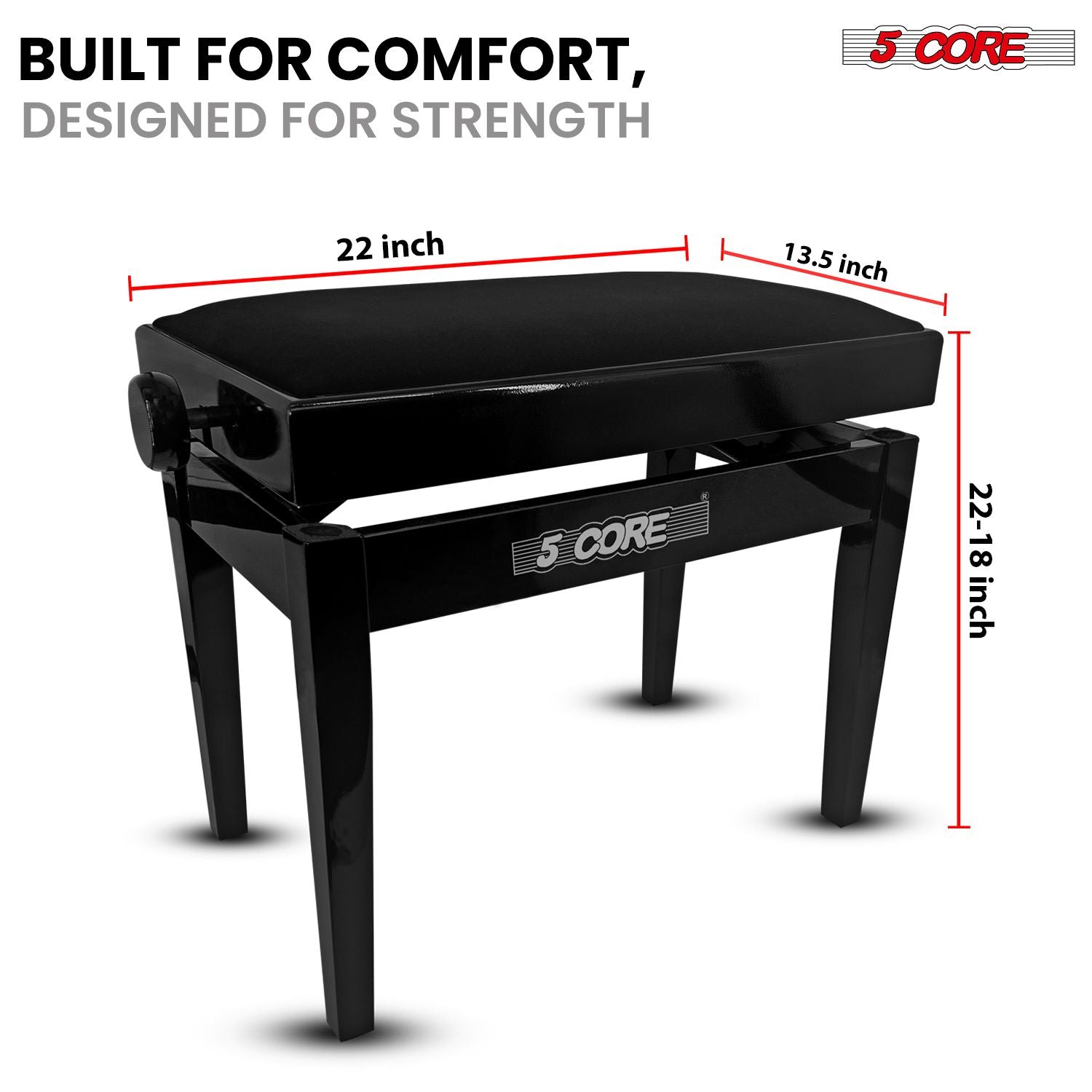 5 Core Adjustable Piano Bench Thick 3.25" Solid Wood Keyboard Stool Heavy Duty Musician Chair