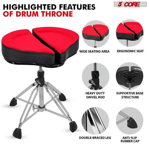 5 Core Drum Throne Sponge Padded Guitar Stool Drummer Seat for Adults & Kids - DS GT RED-VEL
