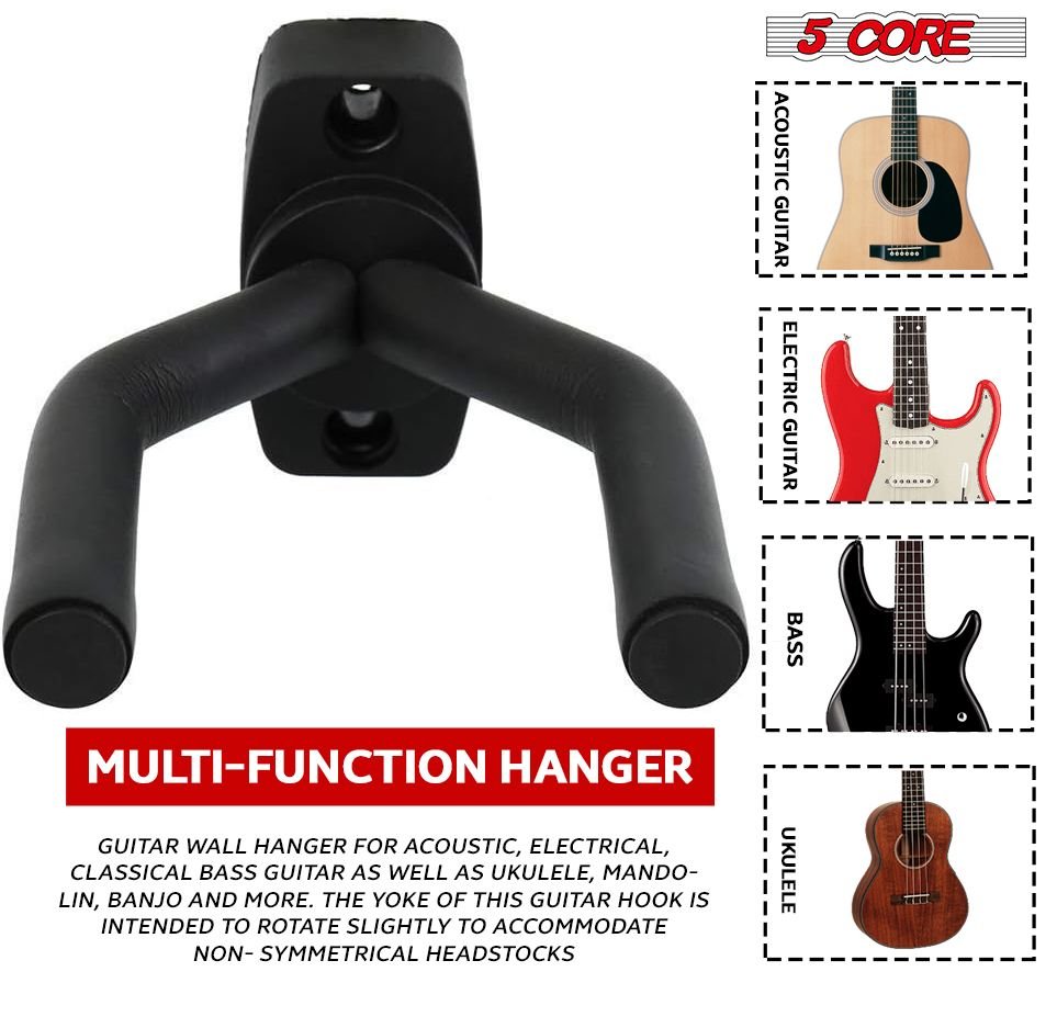 5 CORE Guitar Wall Mount Hanger Hook for Acoustic Classical Electric Bass Guitars - GH IRON 2PCS