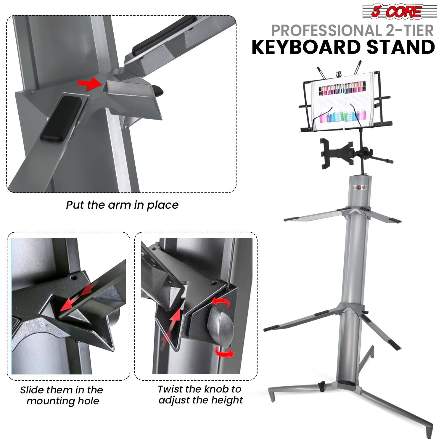 5 Core Keyboard Stand 2 Tier Aluminum Classic Adjustable Electric Piano Sturdy Holder SILVER - KS C 2TD SLV AL