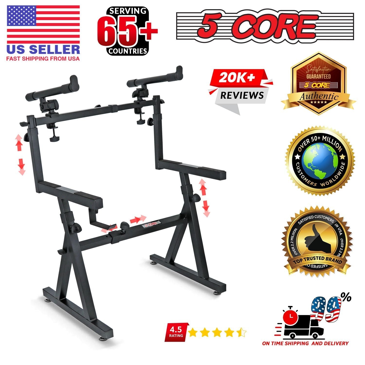 5 CORE Keyboard Stand 2 Tier Z Style Adjustable Electric Piano Riser Foldable & Heavy Duty Lift Holder With Secure Strap Mount For 54 88 Key Instruments - KS Z1 BLK HD + 2T