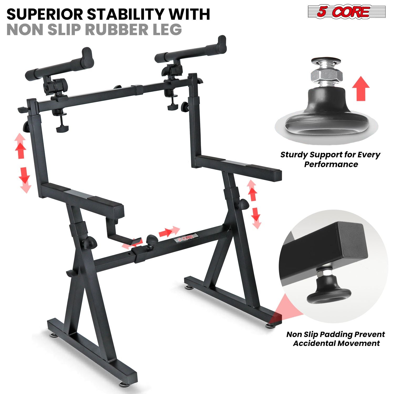 5 CORE Keyboard Stand 2 Tier Z Style Adjustable Electric Piano Riser Foldable & Heavy Duty Lift Holder With Secure Strap Mount For 54 88 Key Instruments - KS Z1 BLK HD + 2T