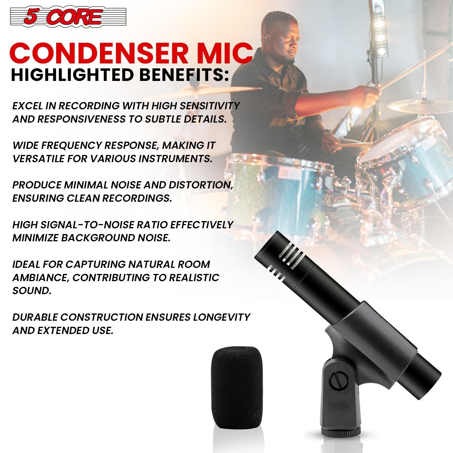 5 CORE Professional Instrument Microphone Pencil Mic Condenser Cardioid Unidirectional Stick Microfono with Windscreen Mic Clip & Case - INSTRU MIC 300 BLK