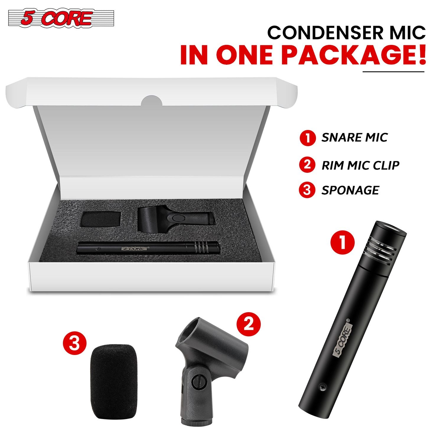 5 CORE Professional Instrument Microphone Pencil Mic Condenser Cardioid Unidirectional Stick Microfono with Windscreen Mic Clip & Case - INSTRU MIC 300 BLK