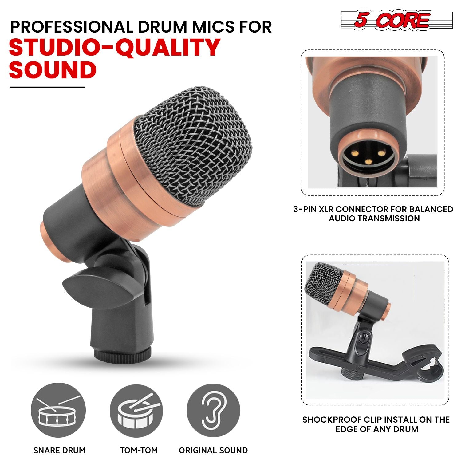 5 CORE Snare Microphone Copper Finish XLR Wired Cardioid Uni Directional Tom Kick Drum Mic w Swivel Mount Steel Mesh Grille Rim Mount - SNARE XP COPPERX