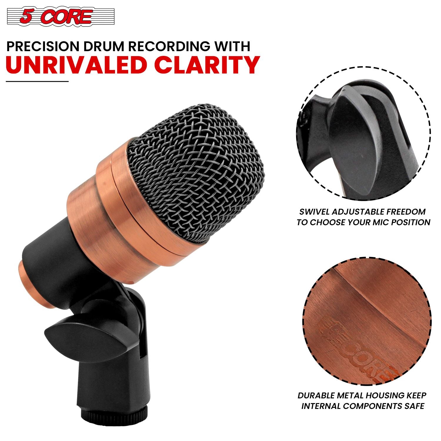 5 CORE Snare Microphone Copper Finish XLR Wired Cardioid Uni Directional Tom Kick Drum Mic w Swivel Mount Steel Mesh Grille Rim Mount - SNARE XP COPPERX