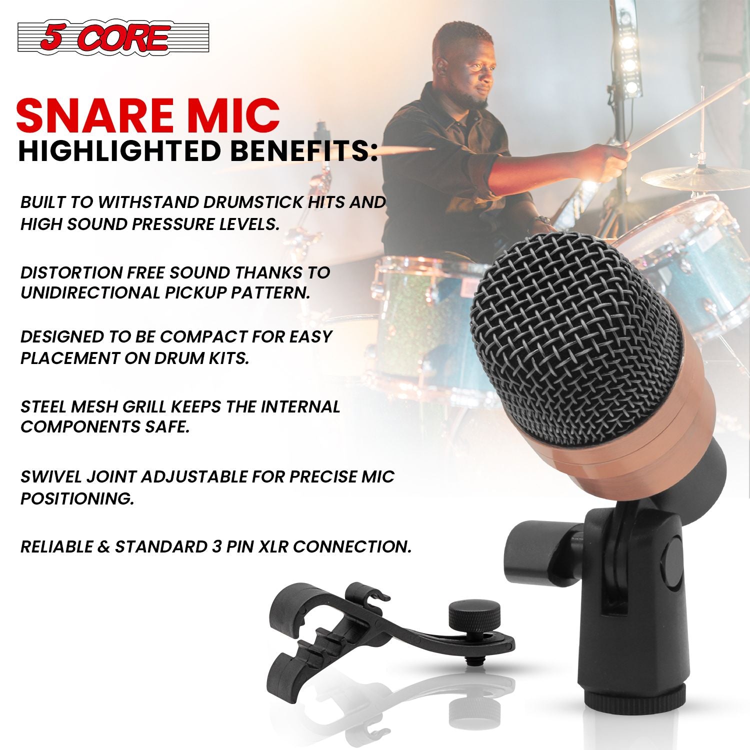 5 CORE Snare Microphone Copper Finish XLR Wired Cardioid Uni Directional Tom Kick Drum Mic w Swivel Mount Steel Mesh Grille Rim Mount - SNARE XP COPPERX