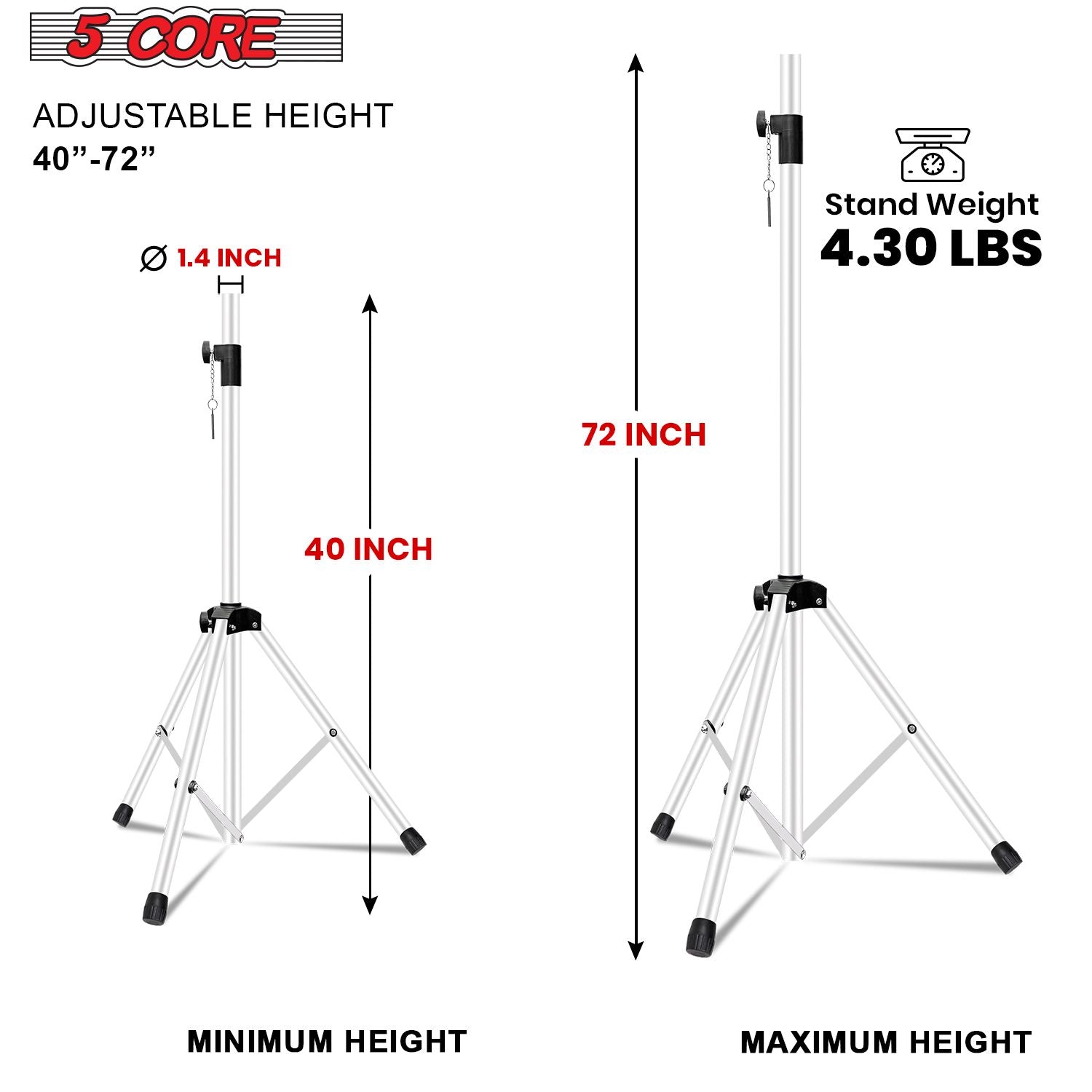 5 Core Speaker Stand 2Pcs Tripod Floor Tall Adjustable Up to 72 Inch DJ Studio Monitor Stands Pole Mount