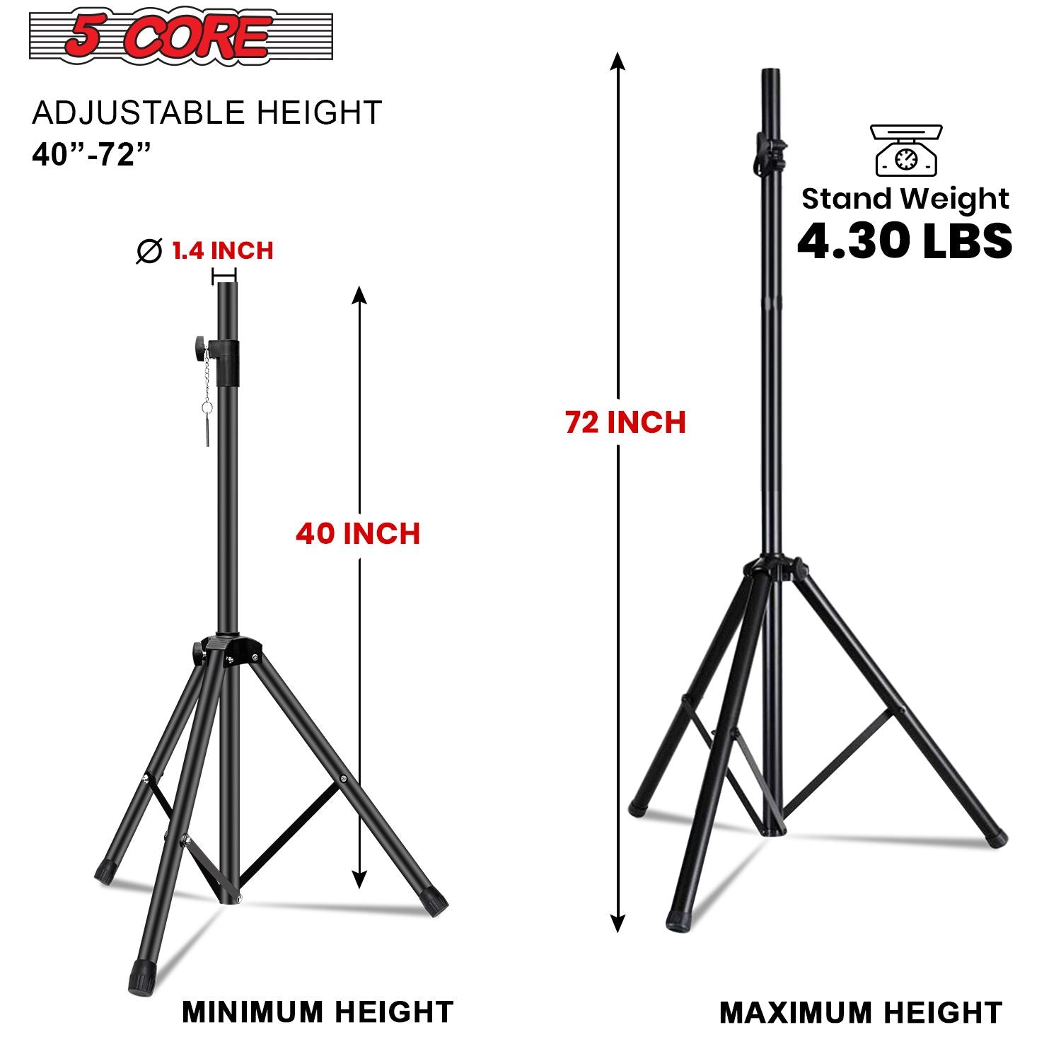 5 Core Speaker Stand 2Pcs Tripod Floor Tall Adjustable Up to 72 Inch DJ Studio Monitor Stands Pole Mount
