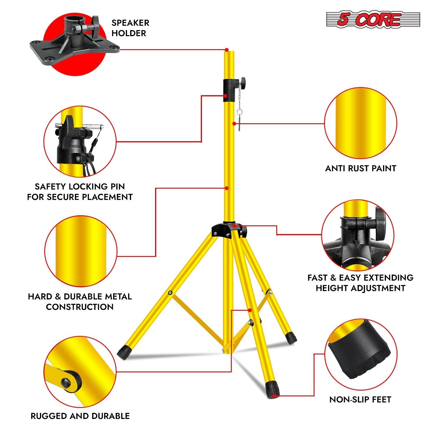 5 Core Speaker Stand 2Pcs Tripod Floor Tall Adjustable Up to 72 Inch DJ Studio Monitor Stands Pole Mount