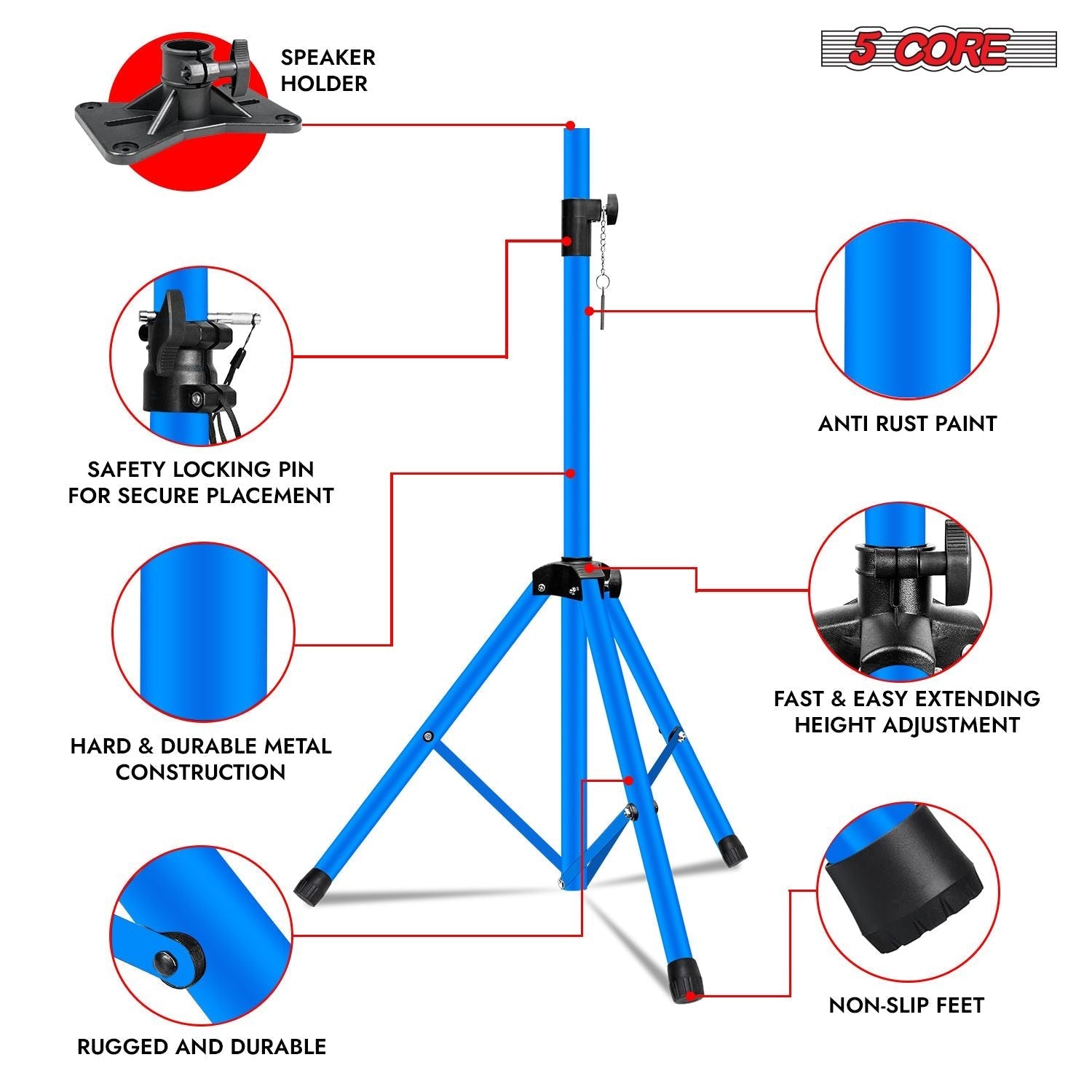 5 Core Speaker Stand 2Pcs Tripod Floor Tall Adjustable Up to 72 Inch DJ Studio Monitor Stands Pole Mount