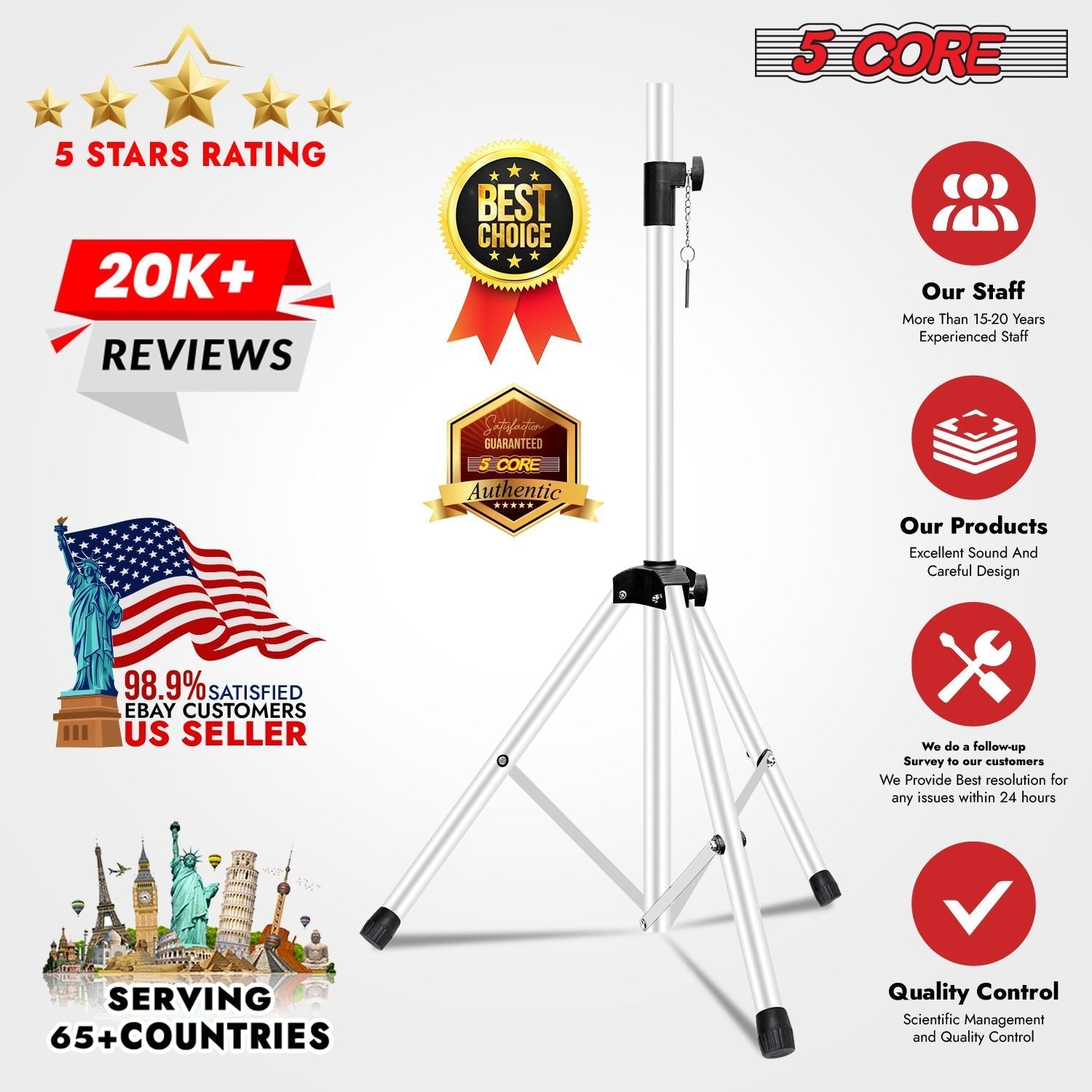 5 Core Speaker Stand 2Pcs Tripod Floor Tall Adjustable Up to 72 Inch DJ Studio Monitor Stands Pole Mount