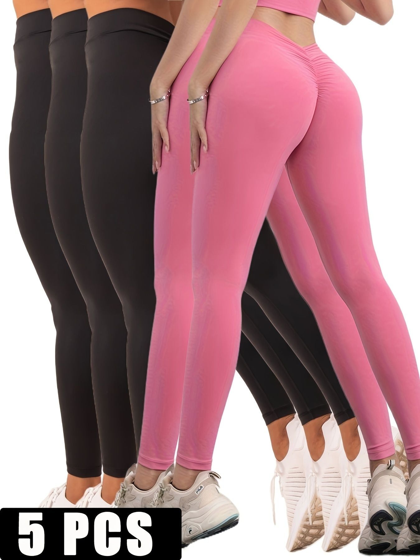 5 Pack Women's Solid Color Hip-raising High-waisted V-back Waist Seamed Yoga Fitness Tights, Women-Butt Lift High Waisted Tummy Control Yoga Pants-Workout Running Leggings