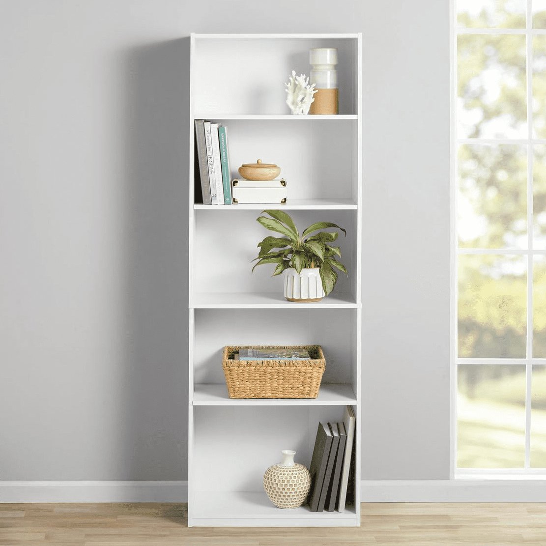 5-Shelf Bookcase with Adjustable Shelves, White