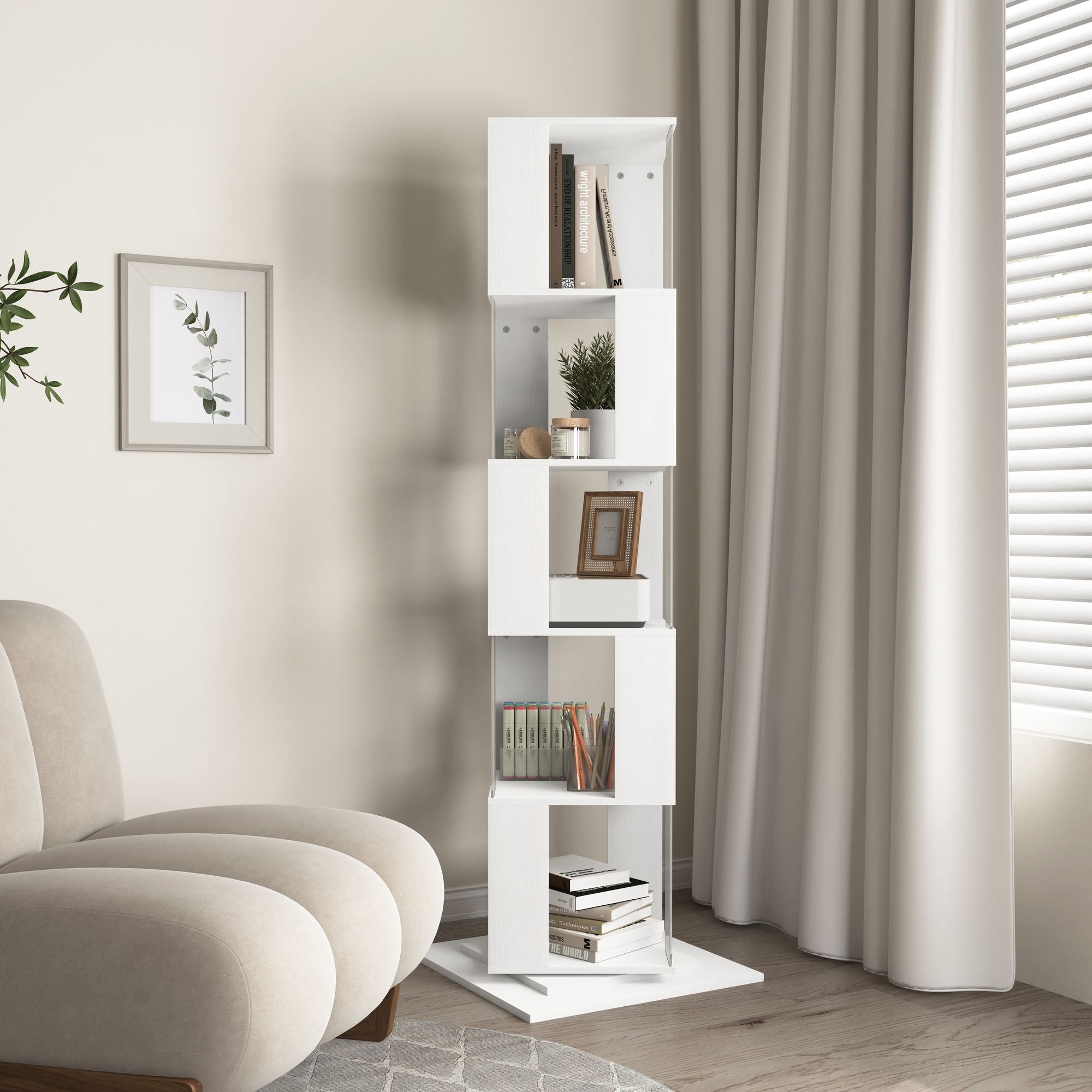 5 tier Rotating Bookshelf, Floor Rack Simple Bookcase with Acrylic plate Student Multi-Function Creative Bookshelf for Living Room with anti-toppling base