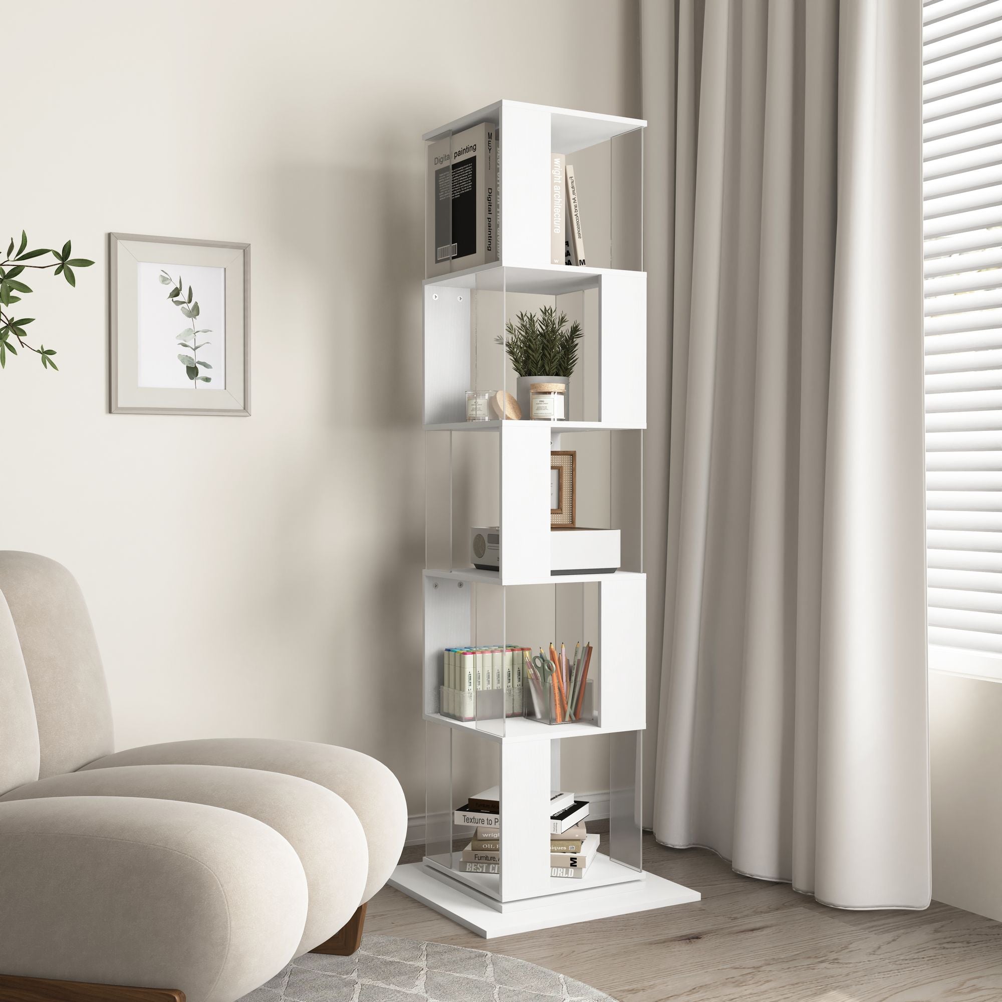 5 tier Rotating Bookshelf, Floor Rack Simple Bookcase with Acrylic plate Student Multi-Function Creative Bookshelf for Living Room with anti-toppling base