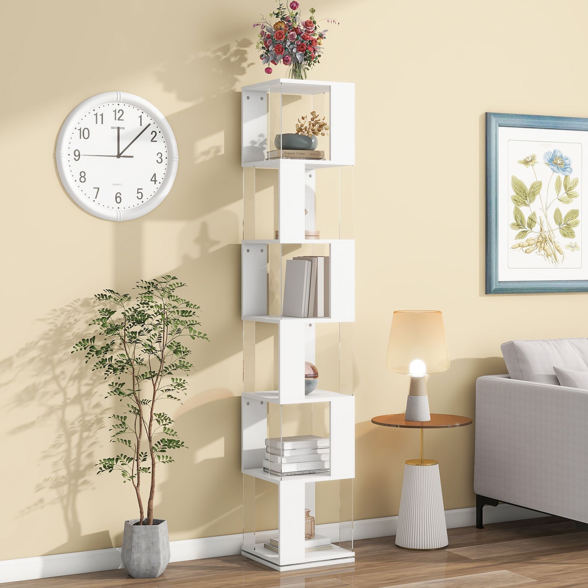 5 tier Rotating Bookshelf, Floor Rack Simple Bookcase with Acrylic plate Student Multi-Function Creative Bookshelf for Living Room with anti-toppling base