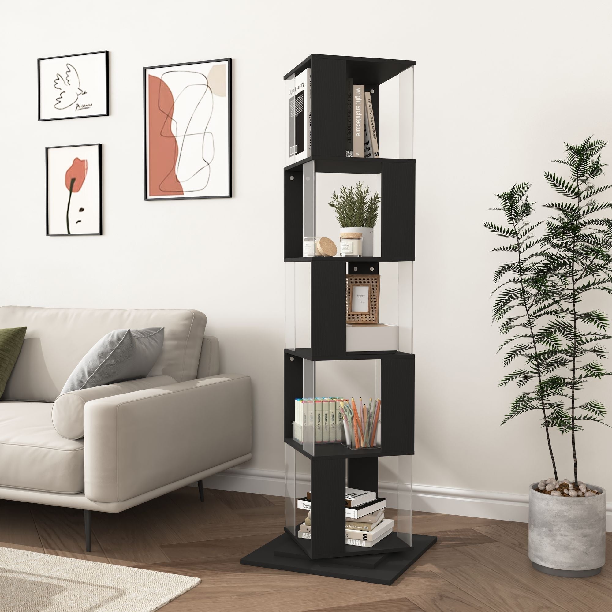 5 tier Rotating Bookshelf, Floor Rack Simple Bookcase with Acrylic plate Student Multi-Function Creative Bookshelf for Living Room with anti-toppling base
