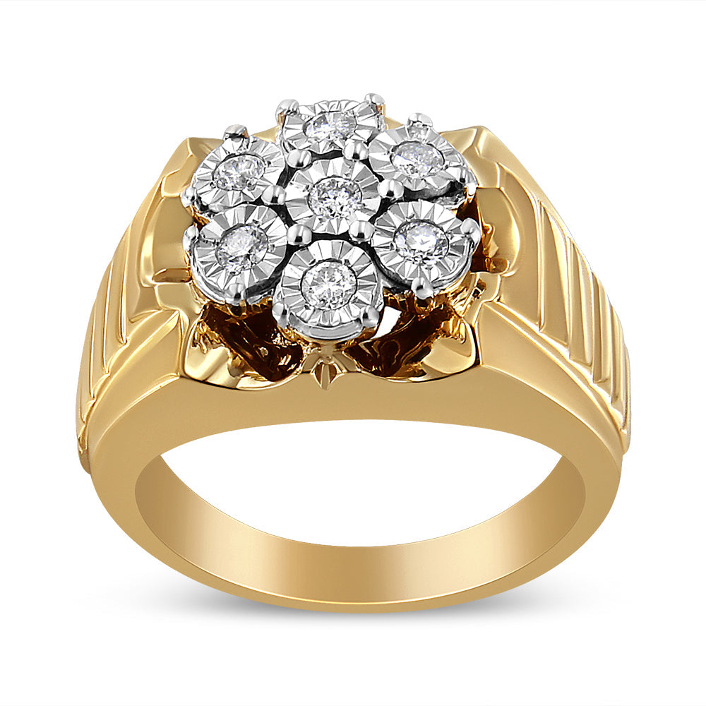 14K Yellow Gold Plated .925 Sterling Silver 1/3 Cttw Miracle-Set Floral Diamond Cluster Ring (I-J Color, I1-I2 Clarity) - Size 10