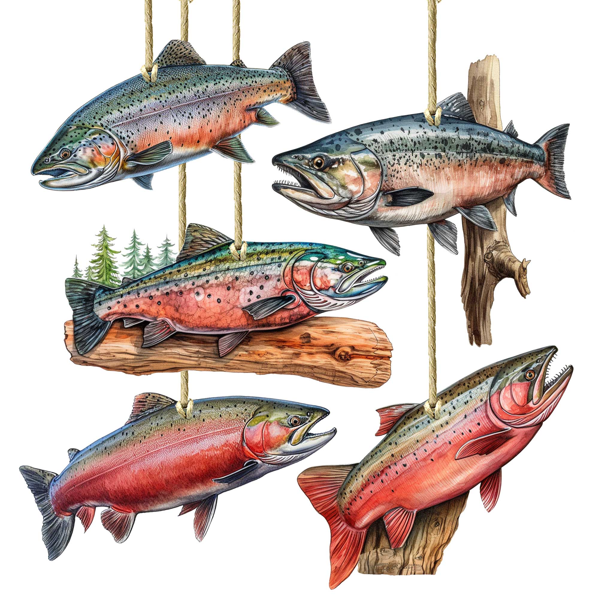 Alaskan Salmon Wooden Ornaments Set of 5 by G. Debrekht - Wildlife Holiday Decor - 8091322S5