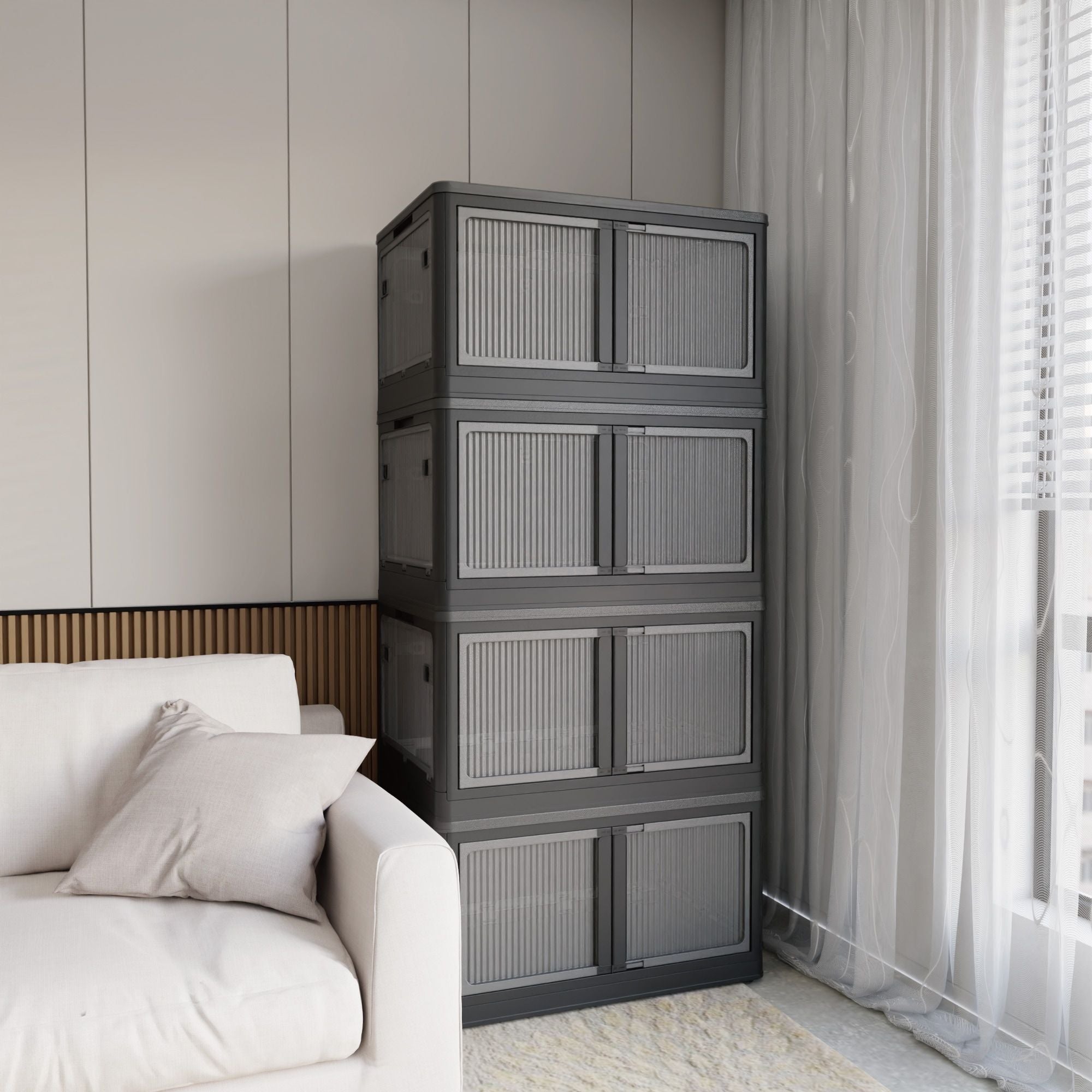 506QT 4-Pack Transparent Stackable Storage Bins with 5 Doors to Open with Wheels, Folding Plastic Craft Containers Large Closet Organizers Box for Bedrooms Living Rooms Study Kids' Toys, Black