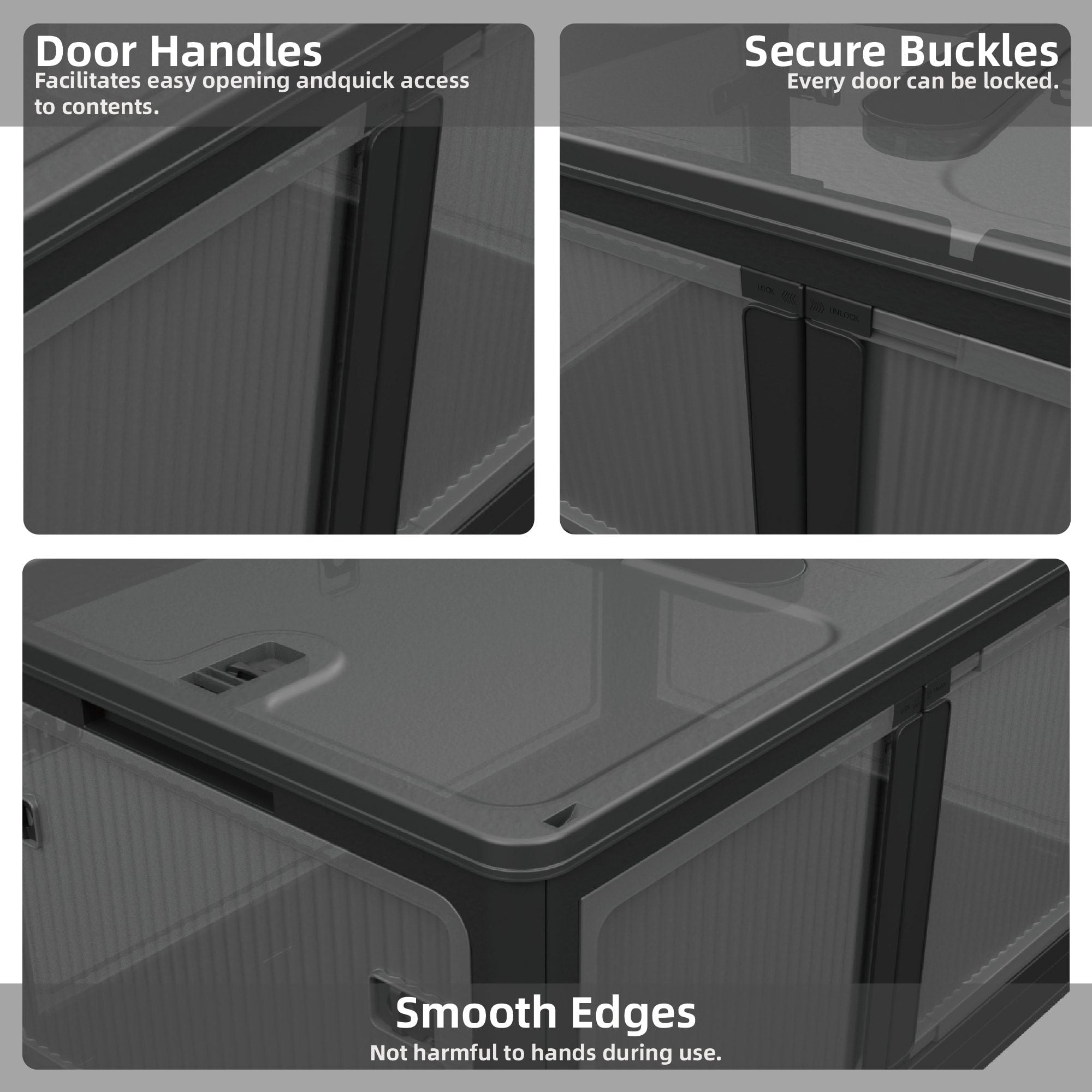 506QT 4-Pack Transparent Stackable Storage Bins with 5 Doors to Open with Wheels, Folding Plastic Craft Containers Large Closet Organizers Box for Bedrooms Living Rooms Study Kids' Toys, Black