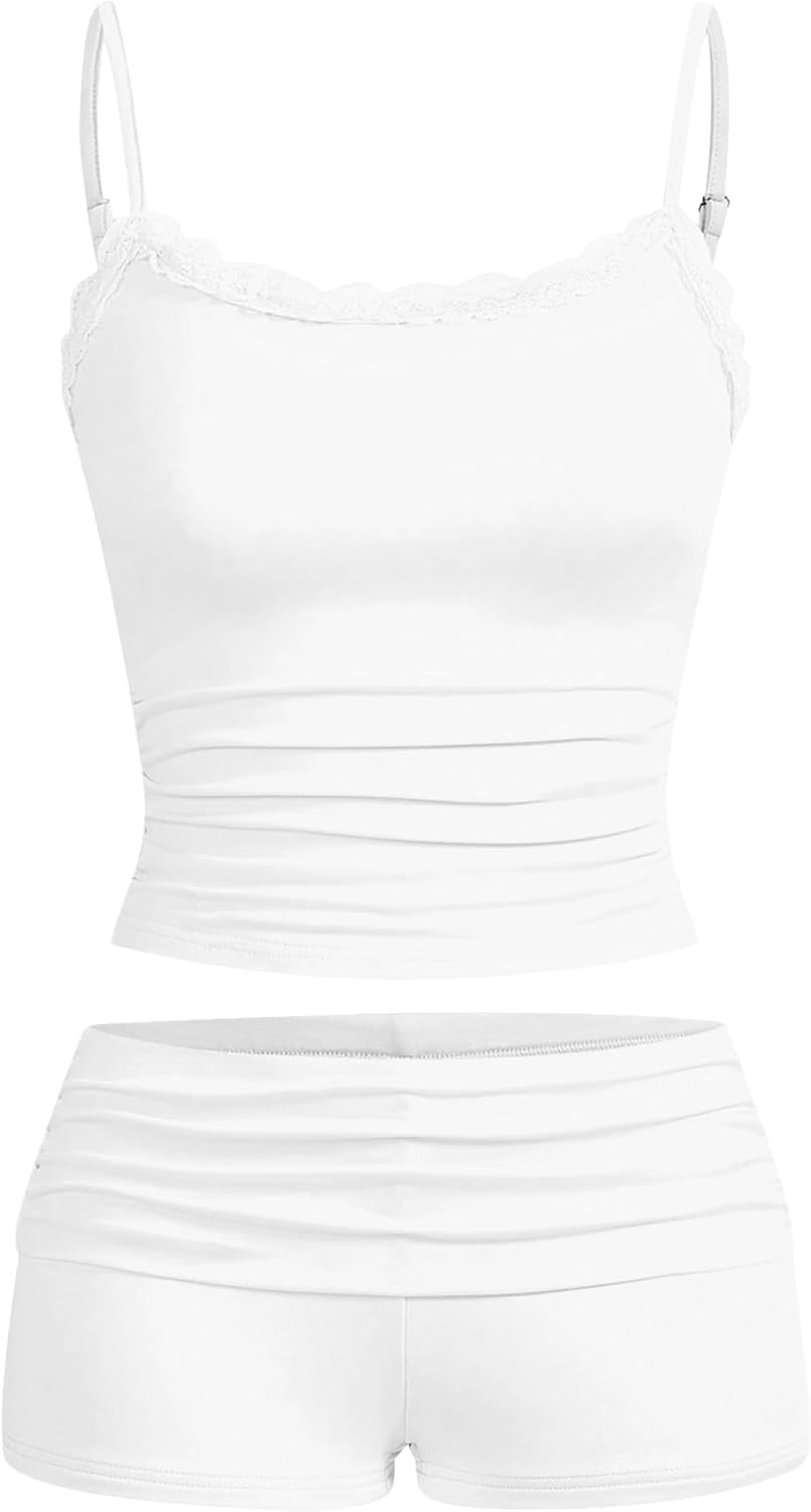 Hilinker Womens Sexy Pajama Set Ruched Lace Trim Cami and Shorts Summer Cute Pjs 2 Piece