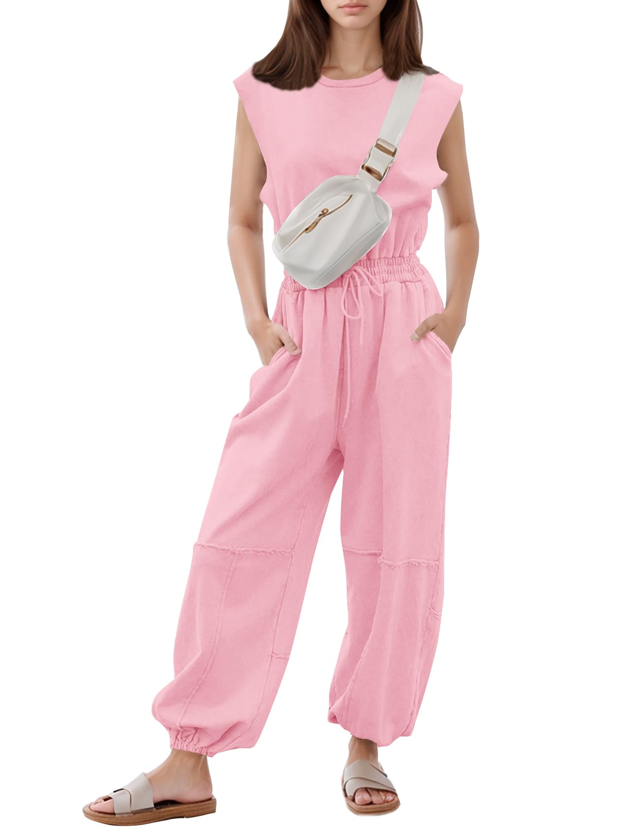 Flygo Womens Casual Jumpsuit Crewneck Cap Sleeve Long Wide Leg Pants One Piece Outfits Drawstring Romper with Pockets(LightGrey-M)