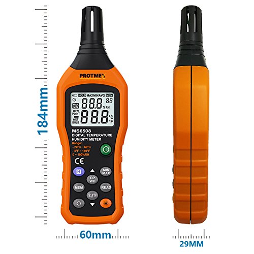 PT6508 Temperature Humidity Meter, Digital Thermometer Hygrometer Monitor with Ambient, Dew Point, Wet Bulb for Indoor/Outdoor MIN, MAX, Data Hold, LCD Backlight