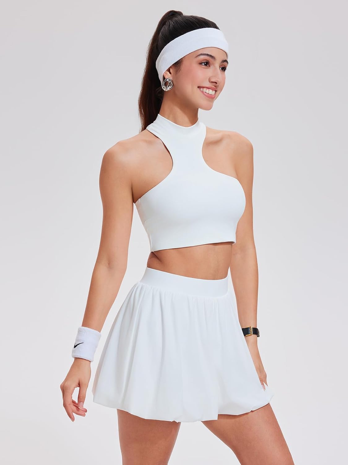 Airfree 2 Piece Sets for Women Tennis Skirt Set Mock Neck Sports Bra Irregular Crop Tank Bubble Skirt Outfits Set