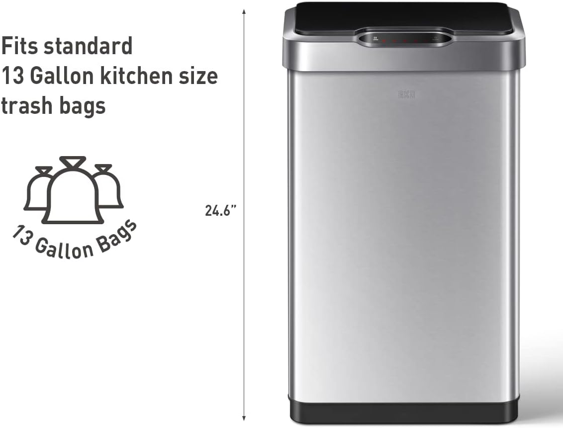 EKO Mirage-T 50 Liter / 13.2 Gallon Touchless Rectangular Motion Sensor Trash Can, Brushed Stainless Steel Finish