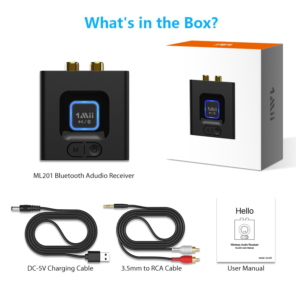 1Mii Bluetooth 5.1 Receiver for Home Stereo, Bluetooth Audio Adapter with 3.5mm RCA, Wireless Hi-Fi Music Streaming from Smartphone/Tablet to Wired Speaker, 12hrs Playtime, Bass Mode