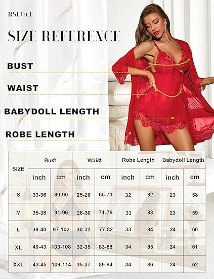 RSLOVE Women Sexy Lingerie Set 3 Piece Babydoll & Lace Kimono Robe Strap Chemise Mesh Nightgown Wine Red M