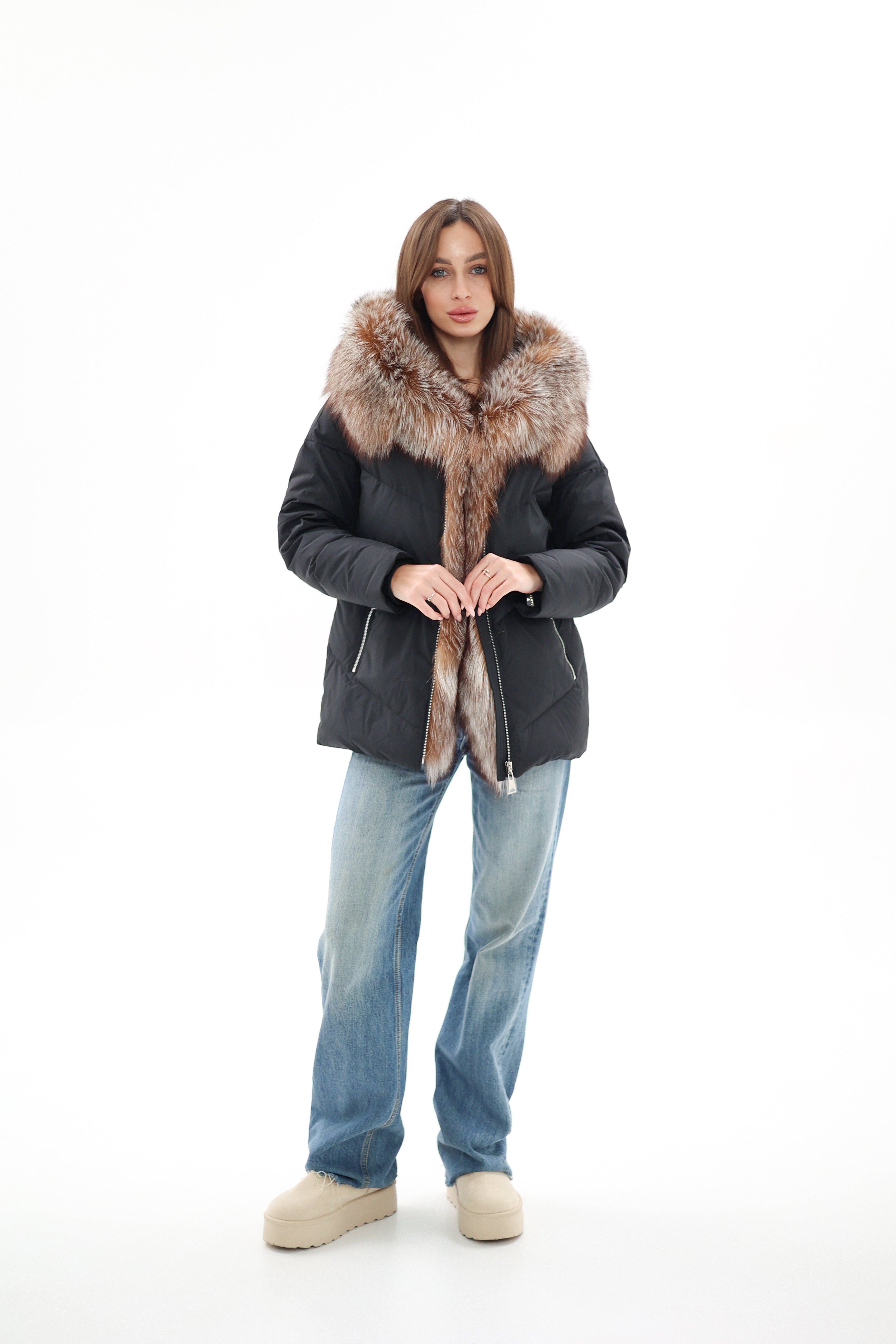 Genuine Silver Fox Fur Down Insulated Parka