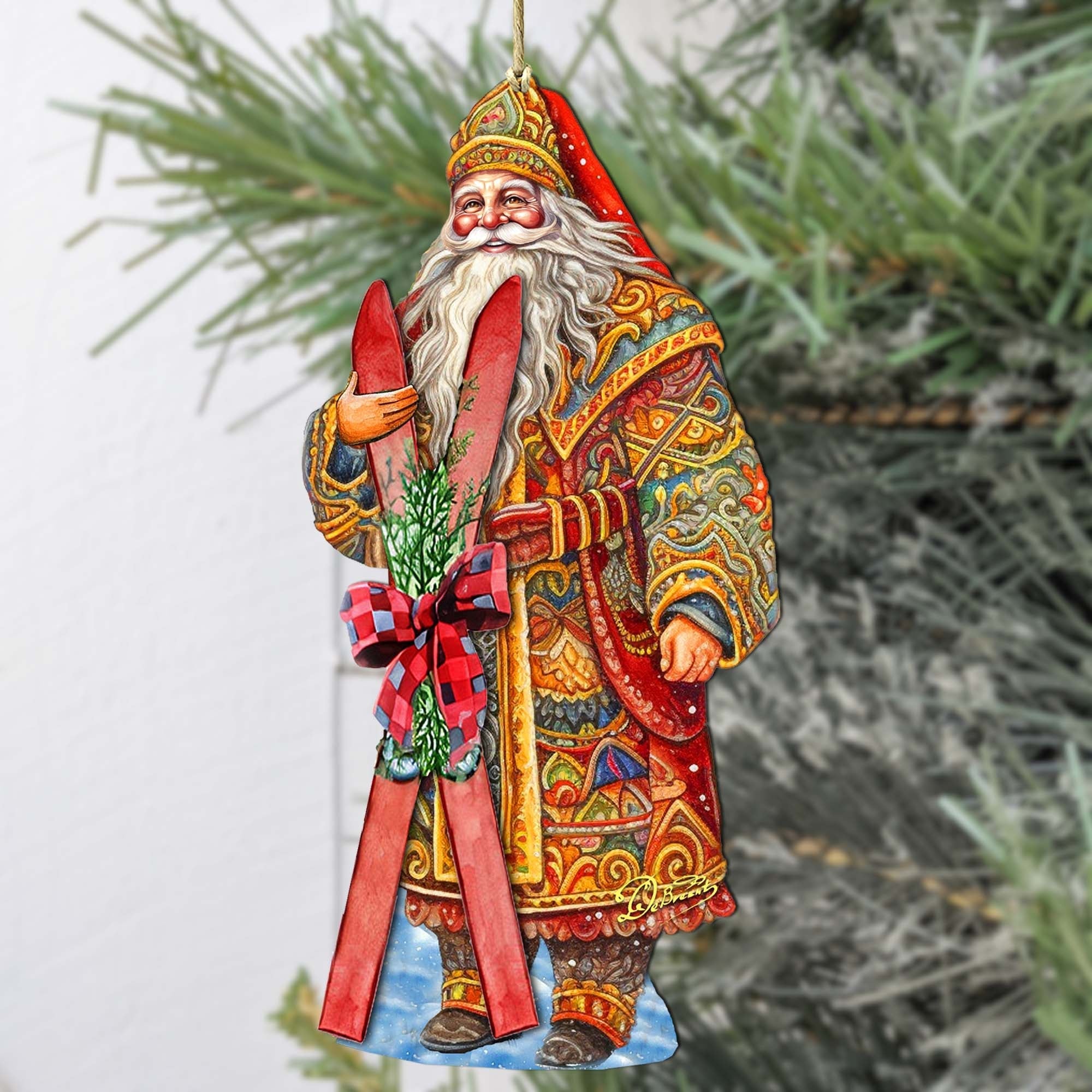 Santa's Skiing Adventure Wooden Ornaments by G. Debrekht - Christmas Santa Snowman Decor - 8691403