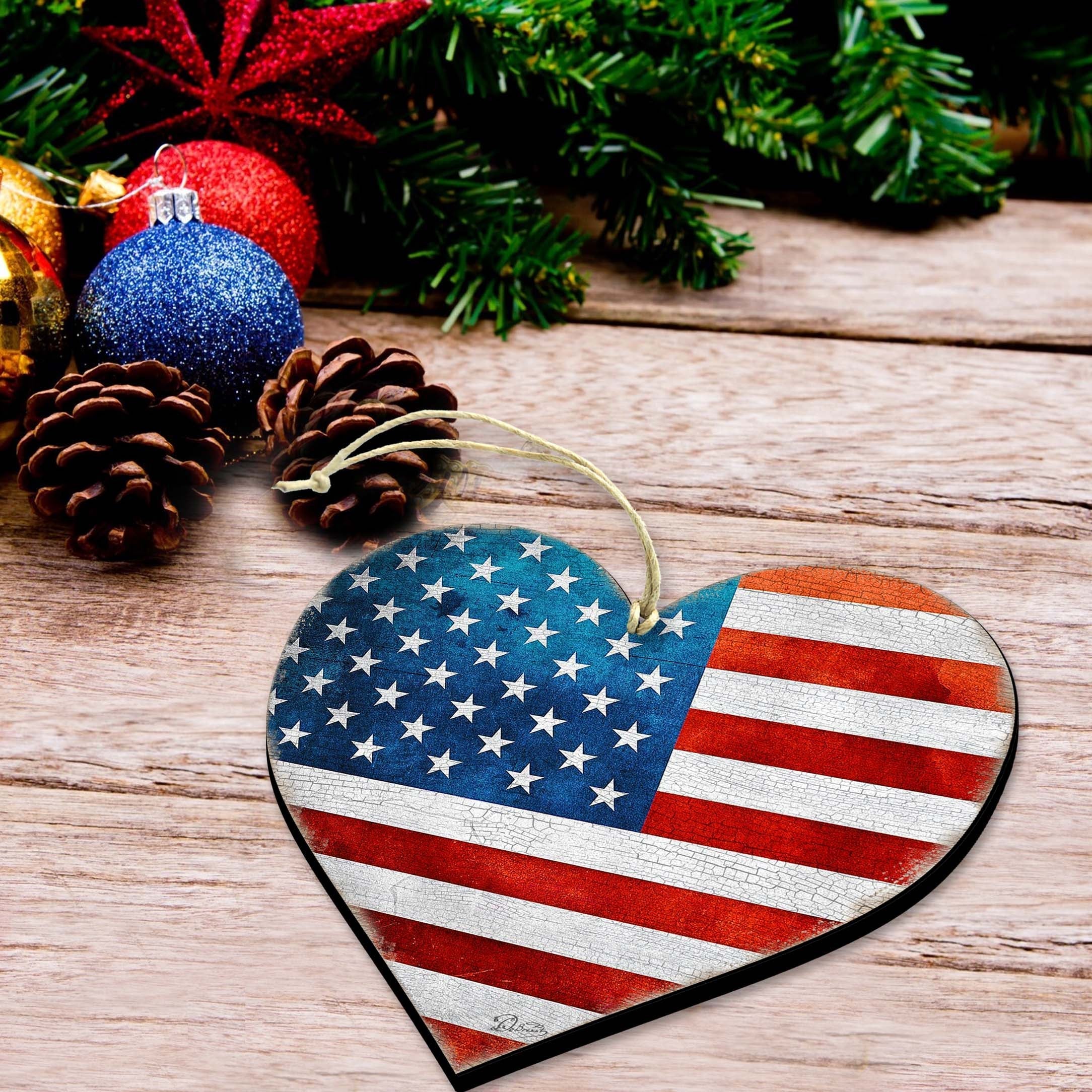 Patriotic Heart Wooden Ornaments - American Christmas Decor - 8187130-2